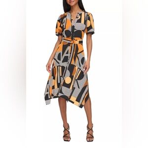 Karl Lagerfeld Orange and Black Artsy Career belted Asymmetrical Dress size 8